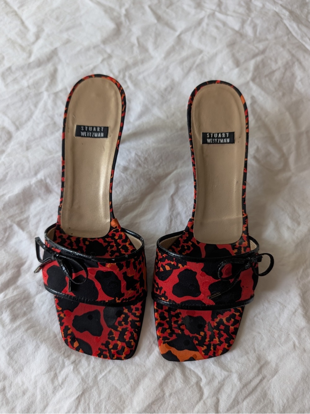Stuart Weitzman Red, Black & Orange Leopard-Print Slide Mules